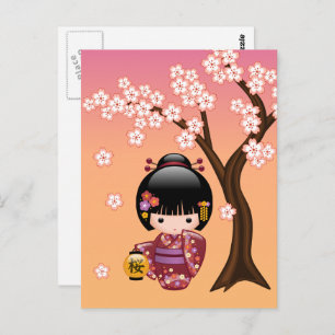 Carte Postale Sakura Kokeshi Doll Cute Geisha Girl