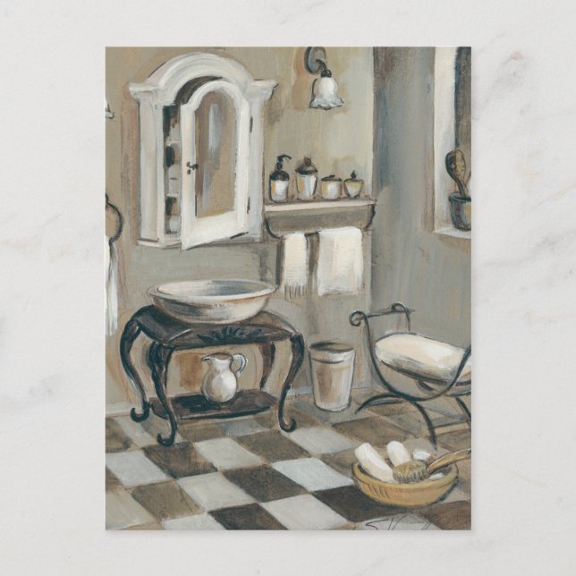 Carte Postale Salle de bain française carrelée en noir et blanc (Devant)