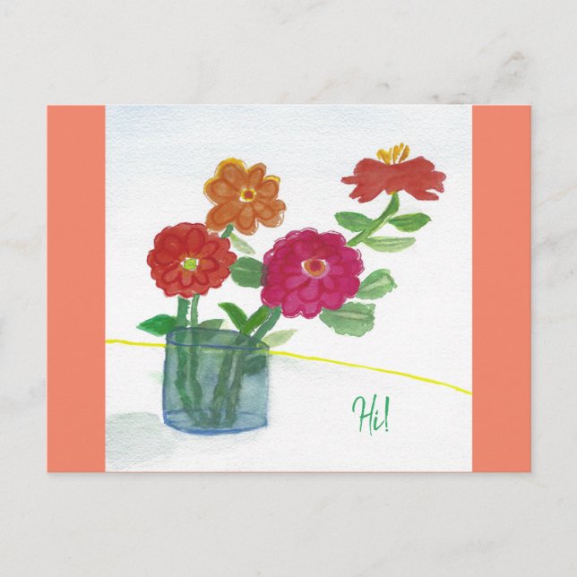 Carte Postale Salut ! Je pense à vous fleurs peintes dans un vas (Devant)