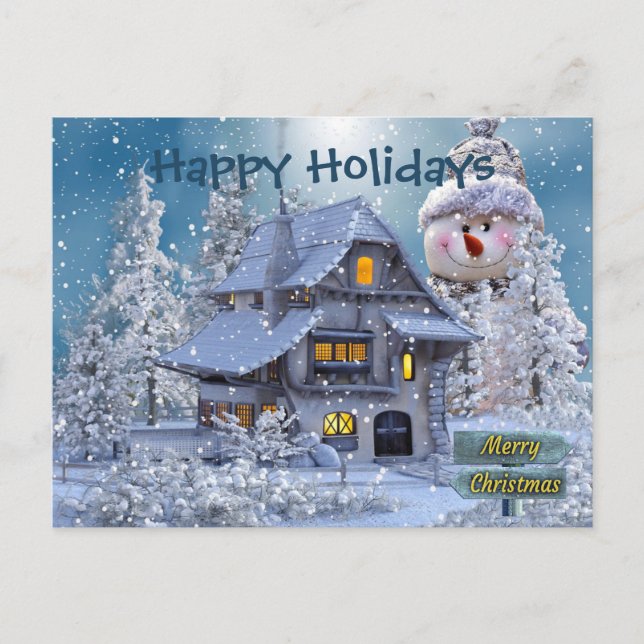 Carte Postale Salutation de Noël Bonhomme de Neige Hiver Bleu Ru (Devant)