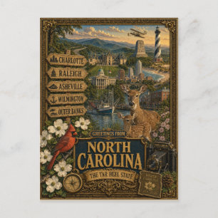 Carte Postale Salutations de Caroline du Nord Art Rétro Vintag