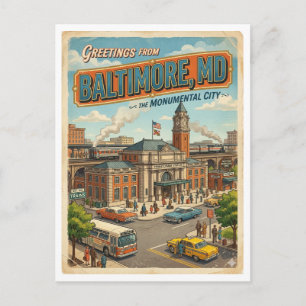Carte Postale Salutations de la gare de Baltimore MD Rétro