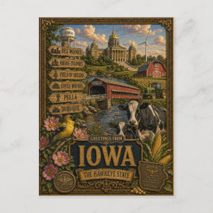 Carte Postale Salutations de l'Iowa   Art Rétro Vintage