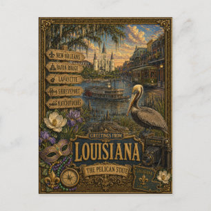 Carte Postale Salutations de Louisiane Art Rétro Vintage
