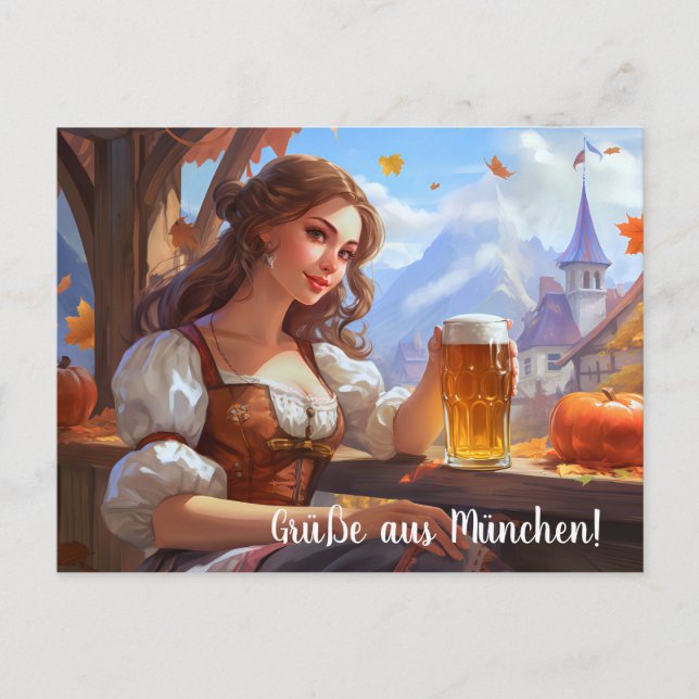 Carte Postale Salutations de Munich ! Ambiance de tente à bière (Devant)