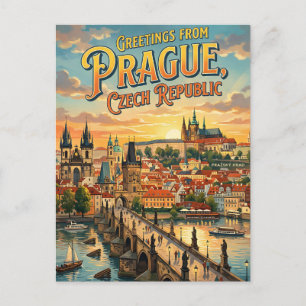 Carte Postale Salutations de Prague République tchèque Style Vin