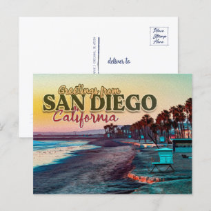 Carte Postale Salutations de San Diego Ca Watercolor Sunset 60s