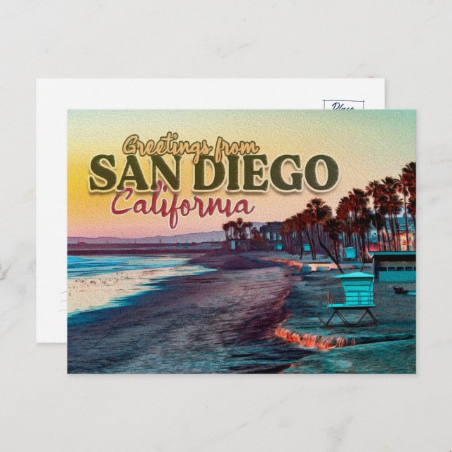 Carte Postale Salutations de San Diego Ca Watercolor Sunset 60s (Devant / Derrière)