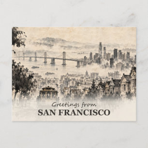 Carte Postale Salutations de San Francisco en lavis à l'encre