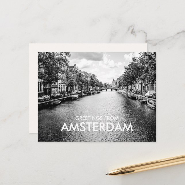 Carte Postale Salutations noir et blanc d'Amsterdam (Devant/Arrière en situation)
