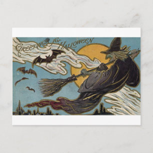 Carte Postale Salutations pour Halloween Flying Witch and Bats