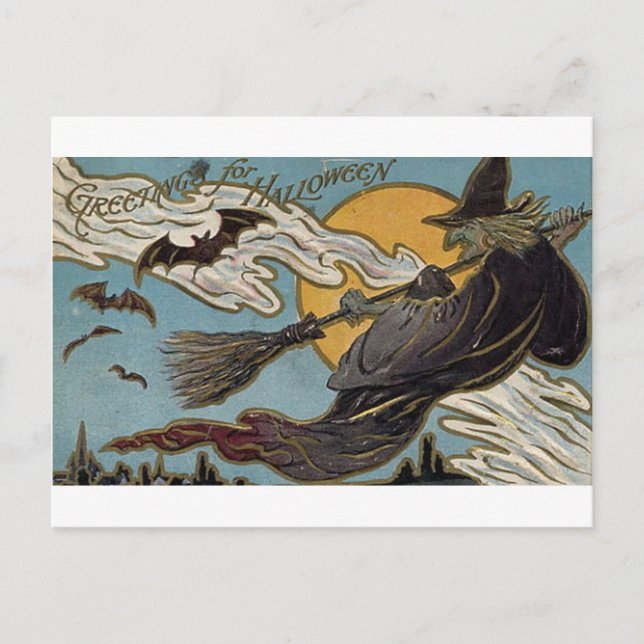Carte Postale Salutations pour Halloween Flying Witch and Bats (Devant)
