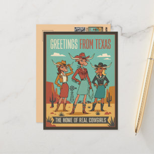 Carte Postale Salutations Rétro des Cow-Girls de Voyage du Texas