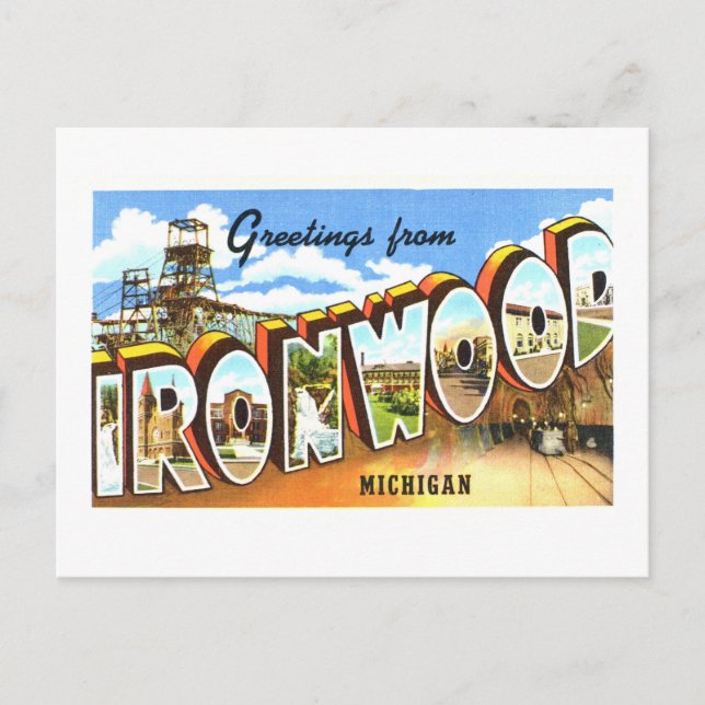 Carte Postale Salutations Vintage d'Ironwood, Michigan, (Devant)
