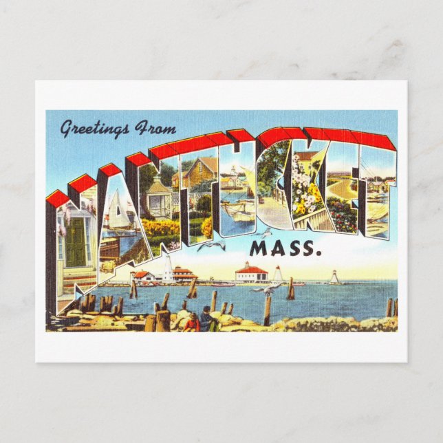 Carte Postale Salutations vintages de Nantucket, Massachusetts (Devant)