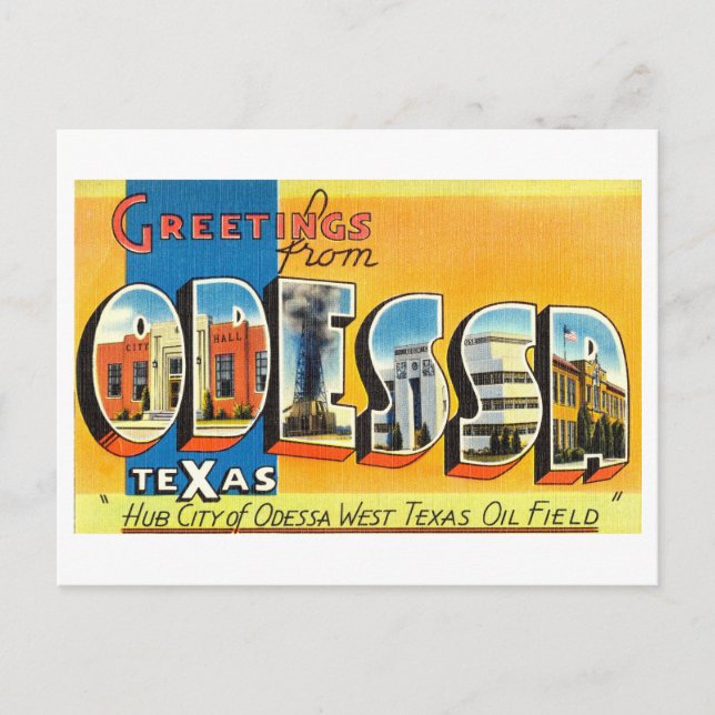 Carte Postale Salutations vintages d'Odessa, Texas (Devant)