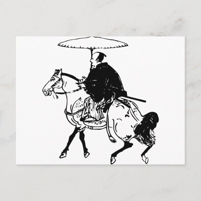 Carte Postale Samouraïs montant un cheval avec le parapluie, (Devant)