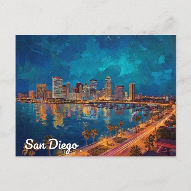 Carte Postale San Diego CA Waterfront City Art (Devant)