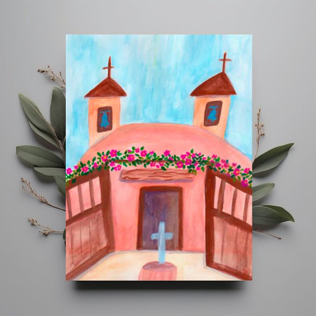 Carte Postale Sanctuario de Chimayo Aquarelle Nouveau-Mexique PE ( Church Watercolor New Mexico Postcard
)