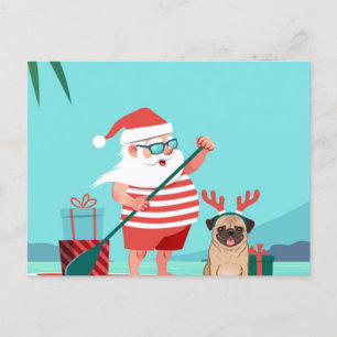 Carte Postale Santa Claus and His Pug on a surfboard