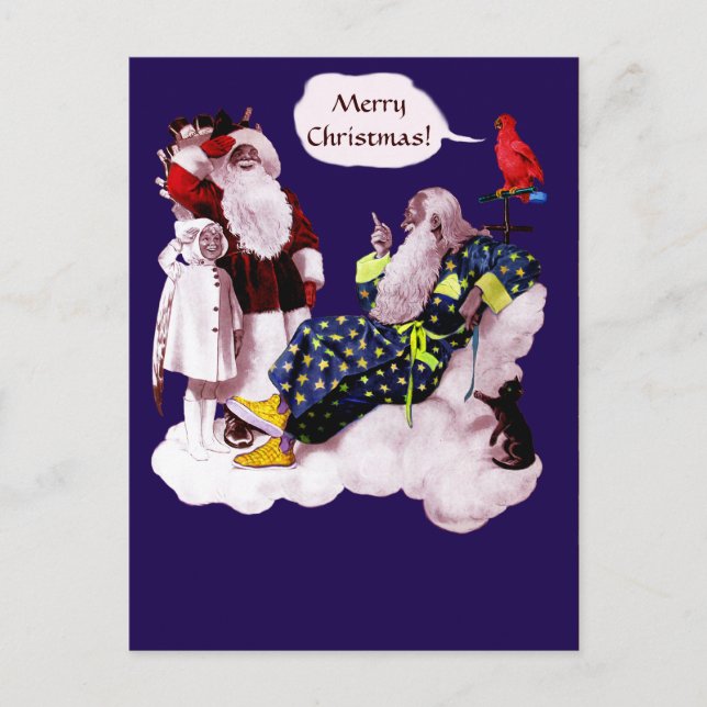 Carte Postale SANTA CLAUS, PETITE ANGEL & MERLIN Noël Party (Devant)