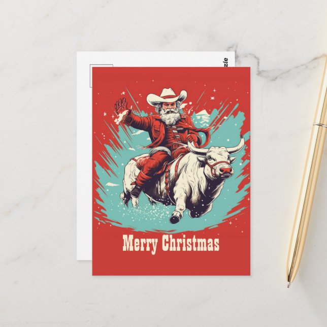 Carte Postale Santa Claus sur Rodeo Bull équitation (Devant/Arrière en situation)