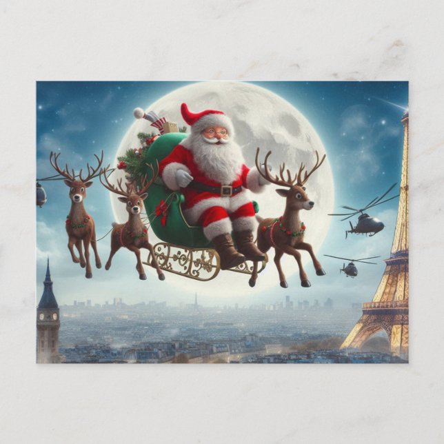Carte Postale Santa Claus & traîneau au-dessus de Paris, France, (Devant)