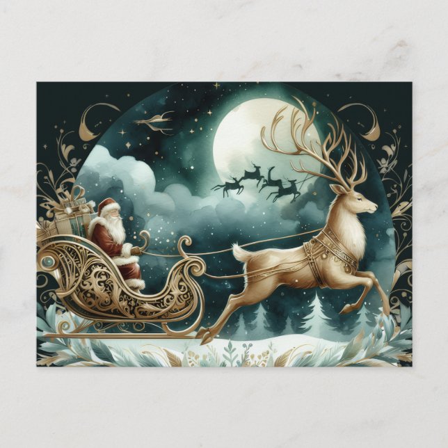 Carte Postale Santa coming on a deer sleight Golden (Devant)