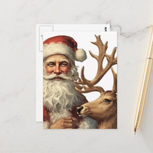 Carte Postale Santa et renne vintage adorable