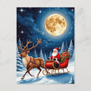 Carte Postale Santa et rennes volant à travers Clair de lune