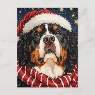 Carte Postale Santa Hat Bernese Mountain Dog Blue Gold Starry