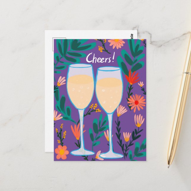 Carte Postale Santé! Fleurs de Champagne au vin mousseux Fêtes (Devant/Arrière en situation)