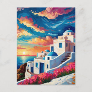 Carte Postale Santorin coucher de soleil, Grèce - Fleurs roses c
