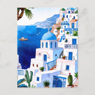 Carte Postale Santorin en bord de mer, Grèce Aquarelle bleue Gre