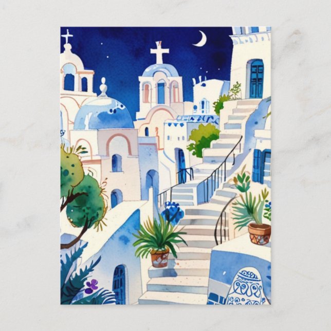 Carte Postale Santorin, Grèce Aquarelle - Art de l'île grecque (Devant)