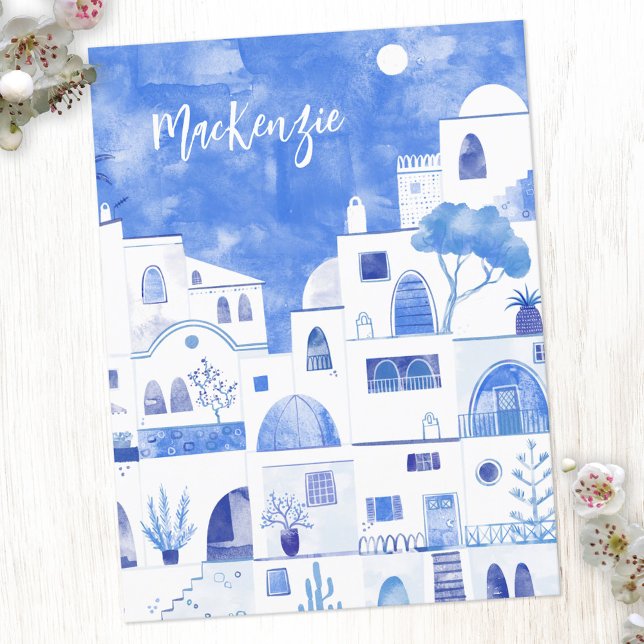 Carte Postale Santorin Grèce Aquarelle personnalisée (Santorini watercolor personalized postcard)
