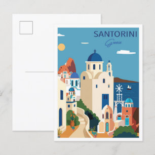Carte Postale Santorin Grèce Art Vintage Illustration Voyage