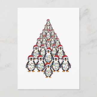 Carte Postale Sapin de Noël Manchot Chapeau de Père Noël Lumière