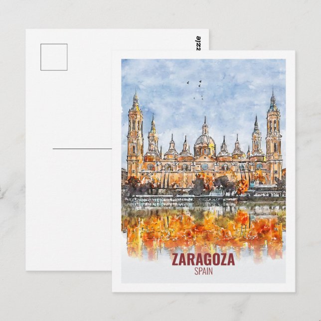 Carte Postale Saragosse Espagne Fameux Voyage Aquarelle croquis (Devant / Derrière)
