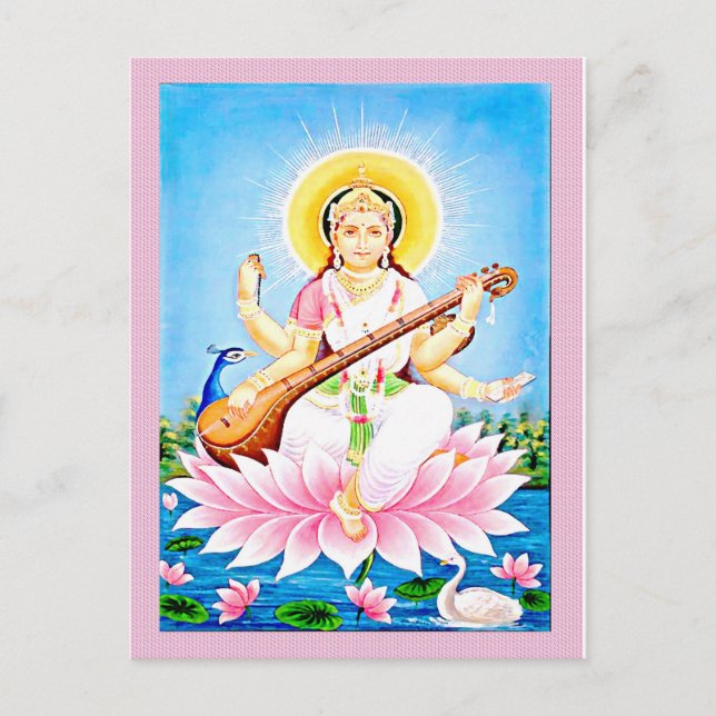 Carte Postale Saraswati assise sur Pink Lotus (Devant)