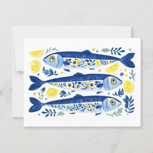 Carte Postale Sardines bleu et jaune méditerranéenne