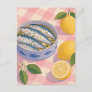 Carte Postale Sardines Vintage Citrons Pique-Nique Méditerranéen