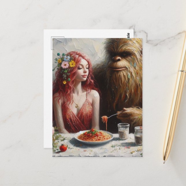 Carte Postale Sashquatch et sa date de la nuit Spaghetti (Devant/Arrière en situation)