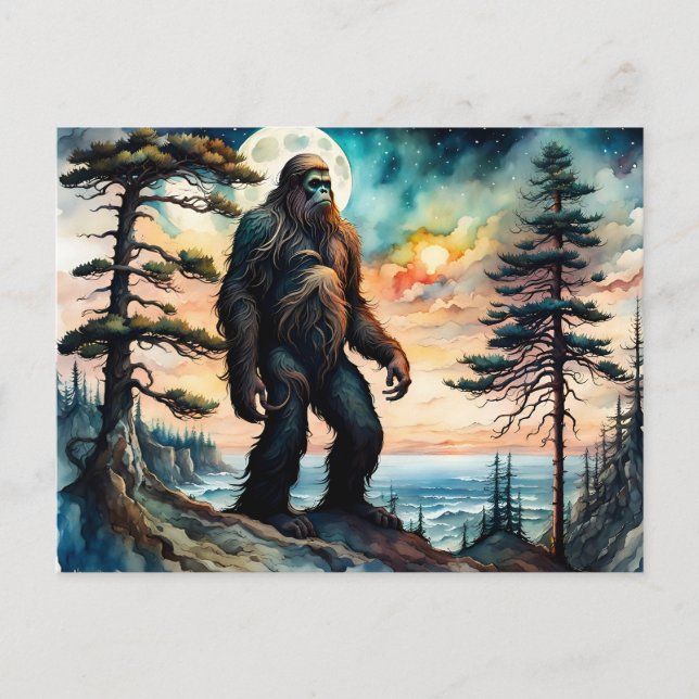 Carte Postale Sasquatch debout sur la crête surplombant l'océan (Devant)