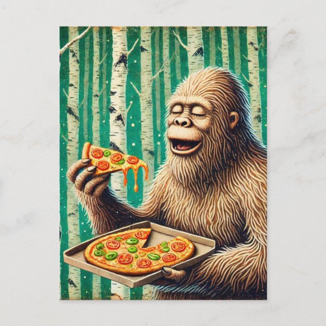 Carte Postale Sasquatch et la pizza dans une forêt de bouleaux (Devant)