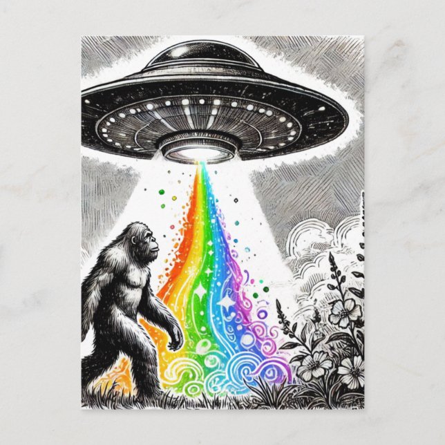 Carte Postale Sasquatch et l'OVNI dans une prairie (Devant)