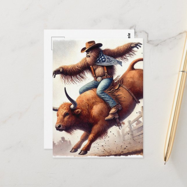 Carte Postale Sasquatch fait un tour de rodéo imaginaire art (Devant/Arrière en situation)