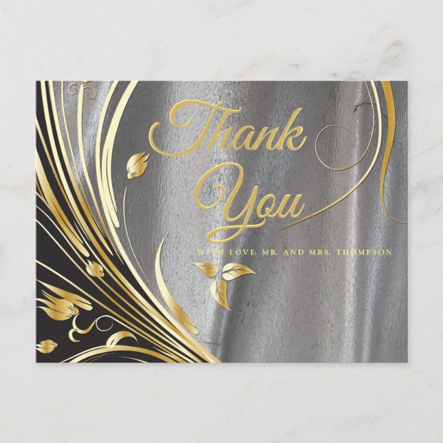 Carte Postale Satin argenté et Merci de fleur or (Devant)