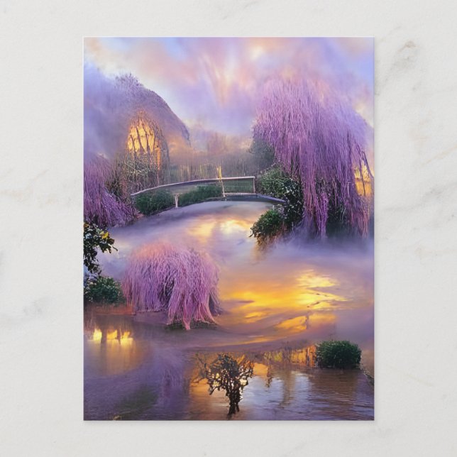 Carte Postale Saule rose au coucher du soleil près de l'étang (Devant)