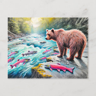 Carte Postale Saumon Brown d'observation de l'ours Pastel Dessin
